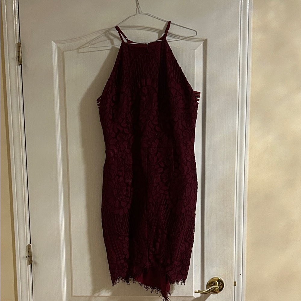 Adelyn Rae Burgundy Lace Mini Dress